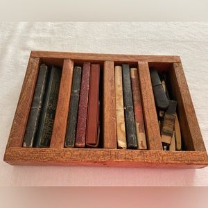 Mens vintage straight edge razors in wood tray